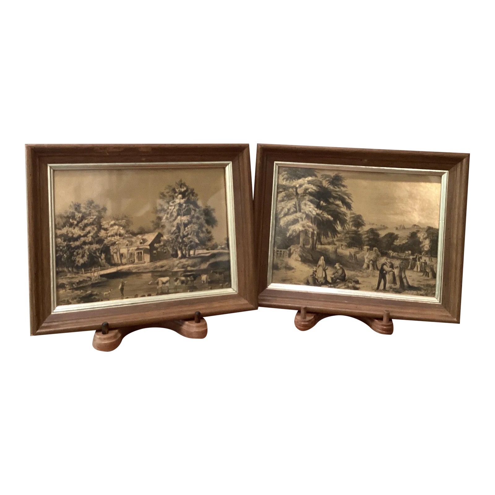 Mid 20th Century Artwork Gold Foil Etching Art Prints Colonial Farmers