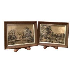 Mid 20th Century Artwork Gold Foil Etching Art Prints Colonial Farmers Bundling Hay, England Set of 2