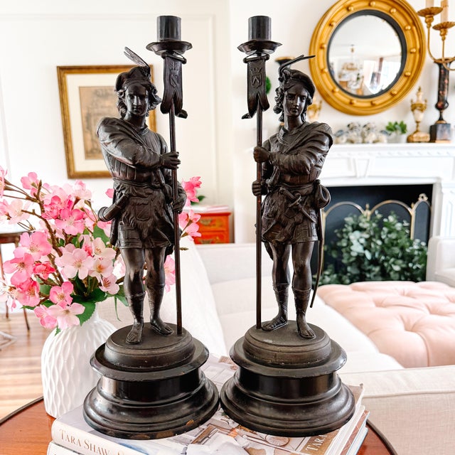 19th Century French Antique Spelter Figural Candlesticks – Pair of Renaissance Troubadour Warriors For Sale - Image 9 of 9
