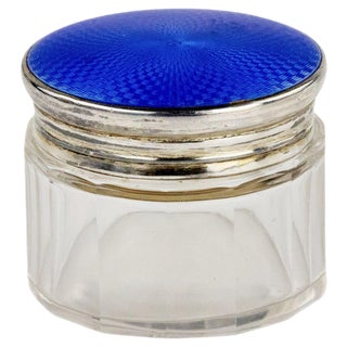 20th Century Lady`s Box in Glass with Silver Guilloché Enamel Lid, England For Sale