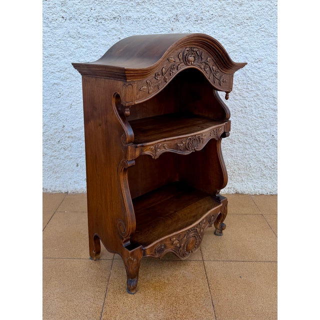 Wood 1950s Spanish Carved Wood Open Shelf With Floral Decoration For Sale - Image 7 of 13