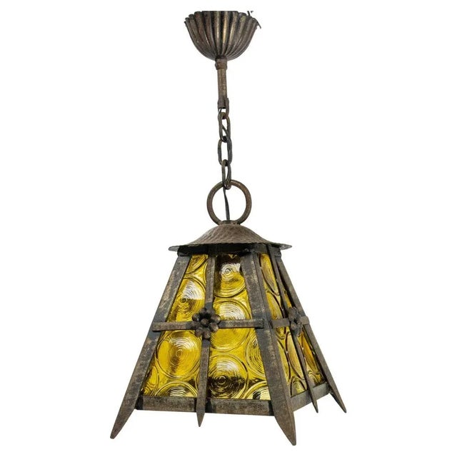 Metal Vintage French Lustre Colored Glass and Iron Hanging Light, 1960 For Sale - Image 7 of 7