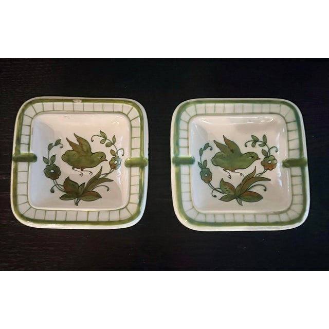 Ceramic Pair of Vintage Hand Painted Square Pottery Ashtrays With Bird Motif 5.75” Sq. For Sale - Image 7 of 7