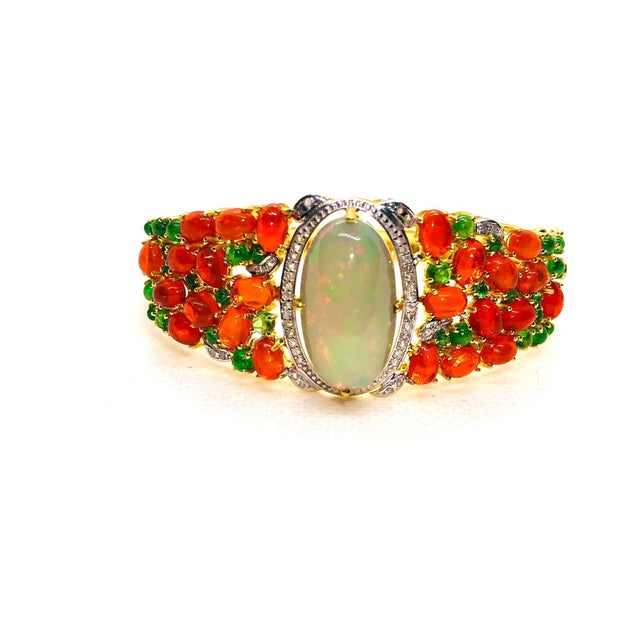 Bochic “Capri” Vintage Diamond, Orange Fire Opals Bracelet Set In 18K & Silver Natural Orange & Fire Opals - 24 Carats...