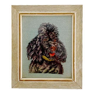 Vintage Ca 1940s Poodle Black Dog Needlepoint Framed For Sale