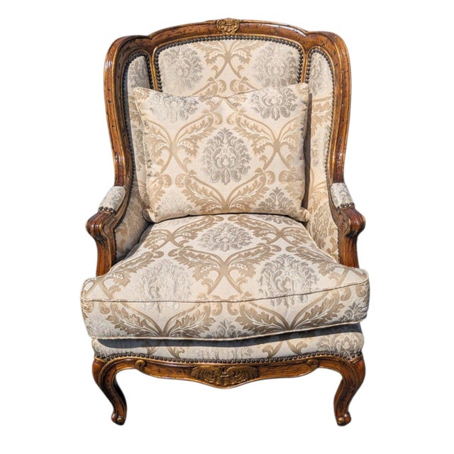 French Provincial Late 20th Century French Provincial Louis XV Style Carved Wingback Bergère Chair in Damask For Sale - Image 3 of 12