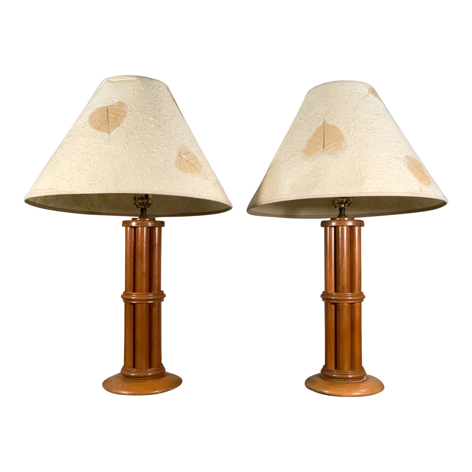 Coastal / Regency Faux Bamboo Table Lamps With Natural Fiber Shades - A Pair