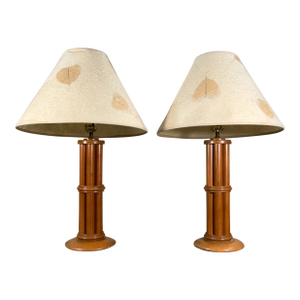 Coastal / Regency Faux Bamboo Table Lamps With Natural Fiber Shades - A Pair
