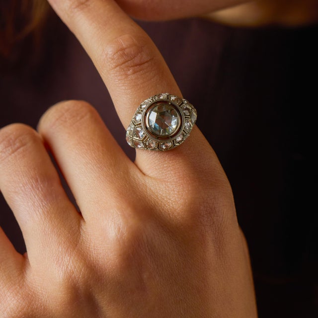 1920s Antique Rose Cut Diamond 18k White Gold Bombe Ring, Size 6 For Sale - Image 5 of 6