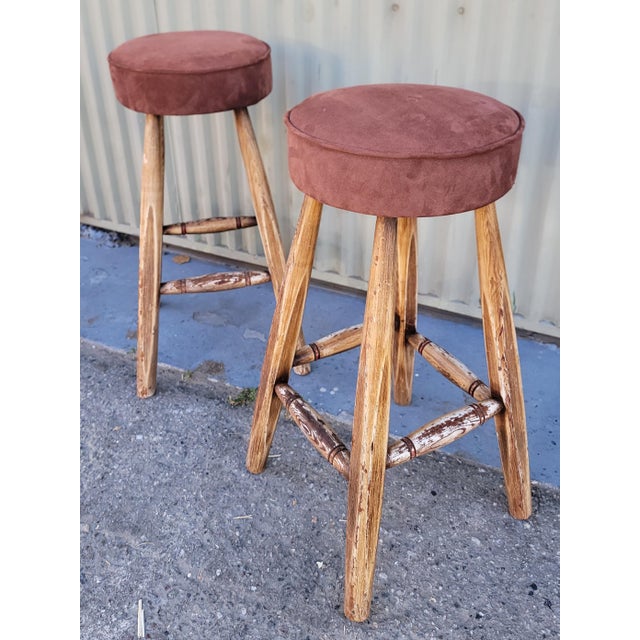 Rustic Early 20th Century Original Painted Counter Stools With Suede Seats - Set of 2 For Sale - Image 3 of 7