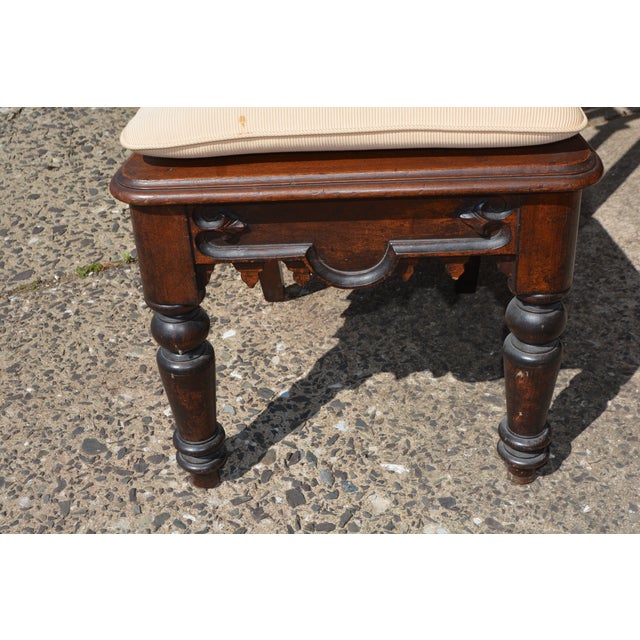 Vintage Pair Gothic Revival Carved Cathedral Arches Dark Wood Hall / Side Chairs W/ Cushions For Sale - Image 4 of 18