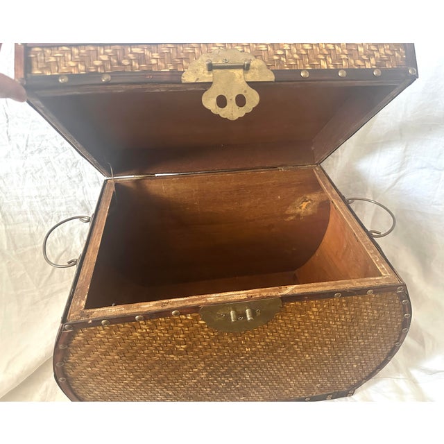 Woven Rattan w/Brass Studs Storage Box, perfect with others stacked on top or use for hiding the pet toys. Brass hardware...
