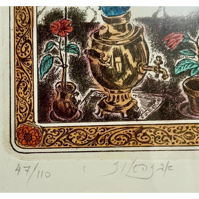 Eugene Abeshaus, Jewish Shtetl Shabbat Candles Russian Judaica Etching w Hand Watercolor Painting, c.1970's For Sale - Image 4 of 6