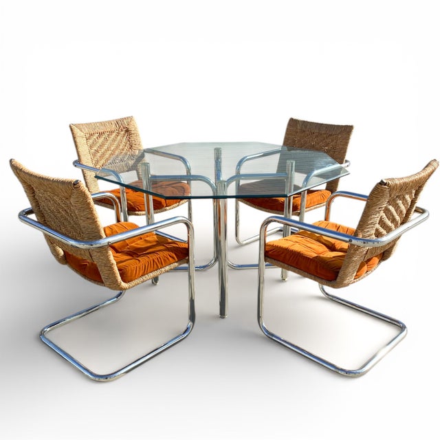 Vintage Chromcraft Chrome and Woven Five-Piece Dining Set, Mid-Century Modern, Mid-Century, Coastal, Glass For Sale - Image 9 of 18