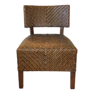 Brown Wicker & Solid Mahogany Wood Dining Side Chair