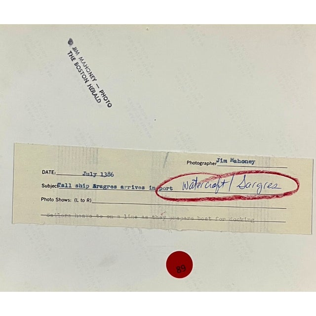 1986 Black and white photograph by Boston photographer Jim Mahoney of the Portuguese Navy's sailing ship NRP Sagres crew...