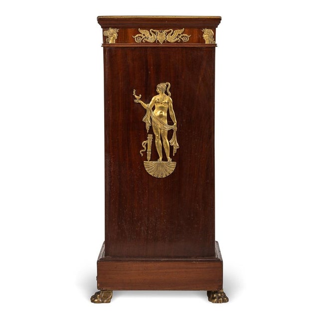 Antique late 19th Century French ormolu mounted Empire-style pedestal, cast and figurine depicting a Greek goddess along...