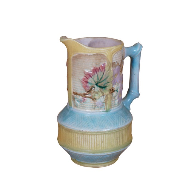 English Antique Majolica Wardle Bamboo Basketweave Dogwood Flower Pitcher Jug For Sale - Image 3 of 12