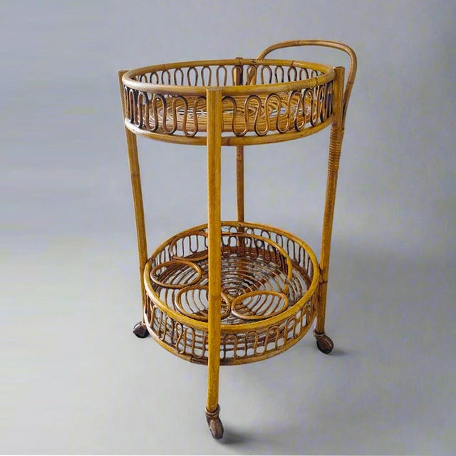 1960s Vintage Bamboo and Rattan Serving Bar Cart by Franco Albini, 1960s For Sale - Image 5 of 10