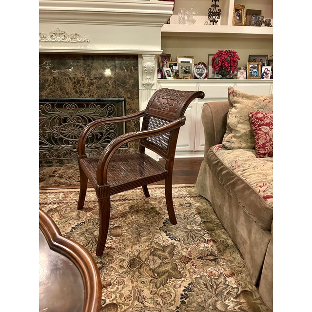 Traditional Carved Mahogany and Cane Dining Chairs - A Pair For Sale - Image 3 of 8
