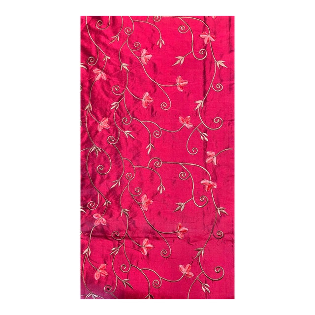 Never used! 1 Pair Cherry Red Embroidered 100% Taffeta Silk Draperies with Green Vine & Peach Flowers. Lined with 100%...