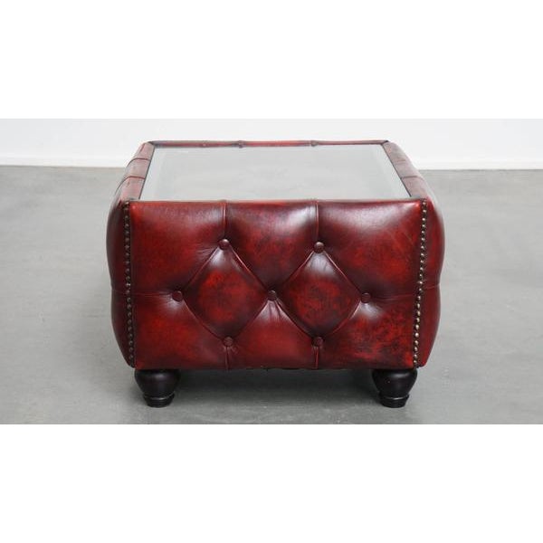 Cowhide Chesterfield Coffee Table in Red Color with Glass Top For Sale - Image 4 of 12