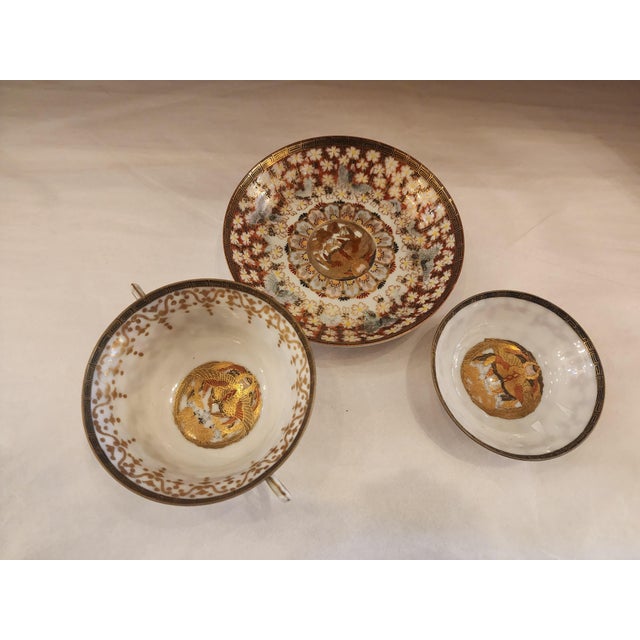 Antique Signed Moriage Japanese Tea Cup, Saucer and Lid/Tea Bag Rest. For Sale - Image 4 of 10