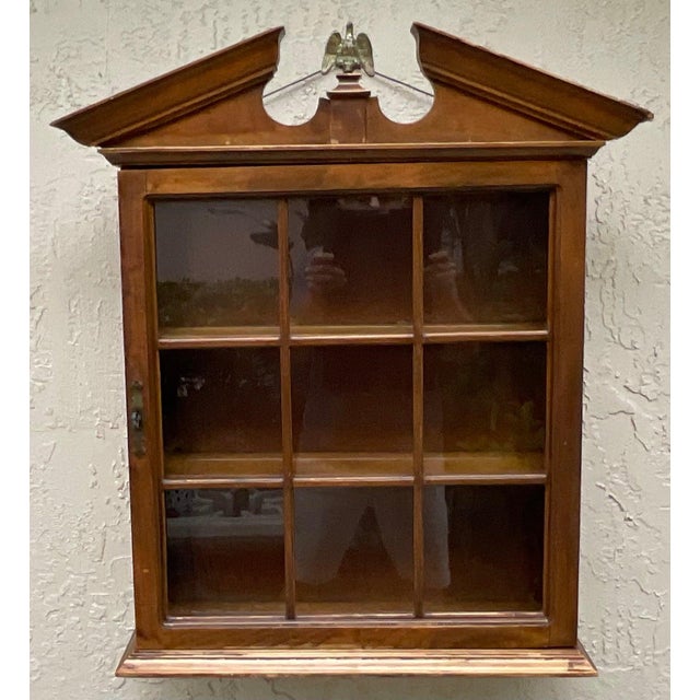 Vintage Solid Wood Hanging Wall Cabinet / Curio & Brass Eagle Finial For Sale - Image 4 of 17