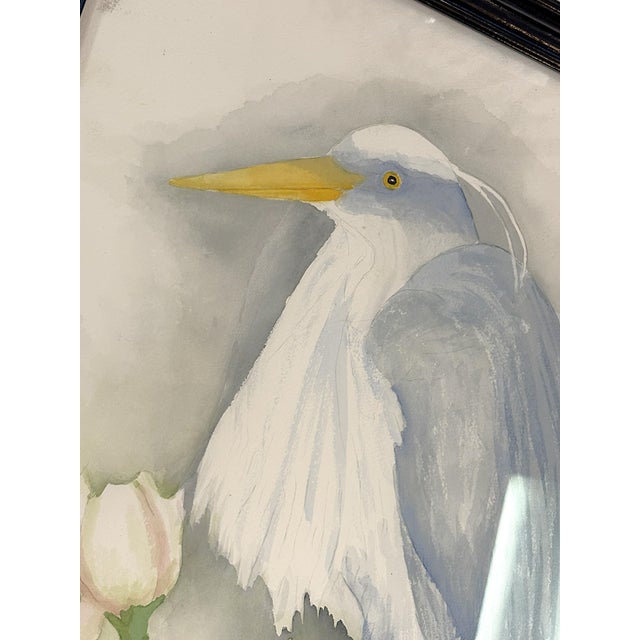 Blue Signed and Framed Original Watercolor Painting of 'A White Heron' by Joan Porter C1997 For Sale - Image 8 of 15