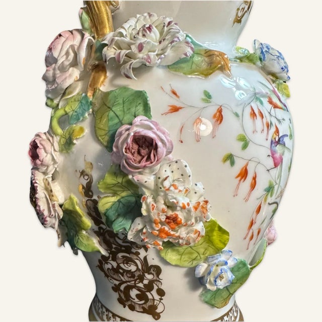 Pair of Mid 19th Century Rockingham Porcelain Vases With Applied Floral Decoration and Gilt Accents For Sale - Image 6 of 8