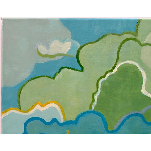 This is an abstract landscape, or skycape, oil painting of overlapping cloud formations over a mountain range in greens...