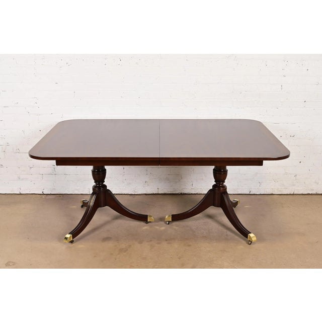 Wood Kindel Furniture Georgian Banded Mahogany Double Pedestal Extension Dining Table, Newly Refinished For Sale - Image 7 of 14
