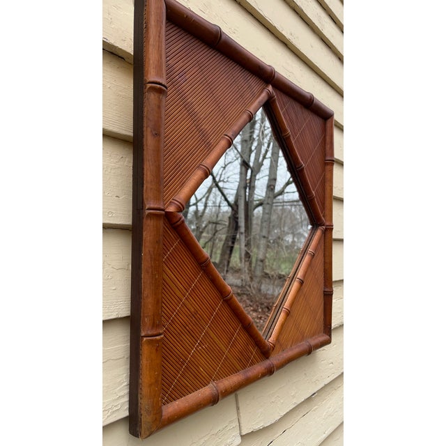 Bamboo Wall MIrror Boho Chic Woven Faux Bamboo Wood For Sale - Image 4 of 4