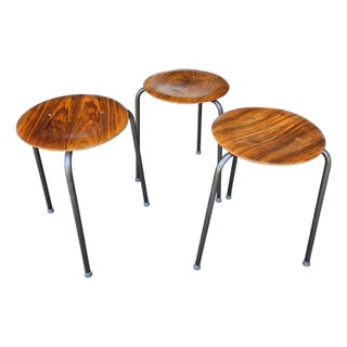 Mid Century Arne Jacobsen “Dot” Stools — First‑Run 1950s Teak + Steel — Set of 3 by Fritz Hansen For Sale