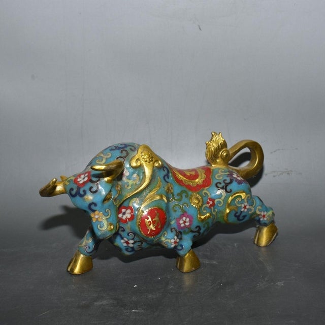 Vintage Cloisonne Enamel Bull Figurine – 11" Gilt Ox Sculpture With Floral Motif For Sale - Image 13 of 18
