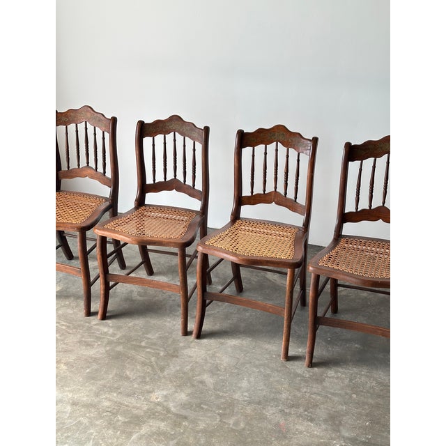 Farmhouse Antique Set of 4 Turned-Spindle Cane Seat Dining Chairs For Sale - Image 3 of 18