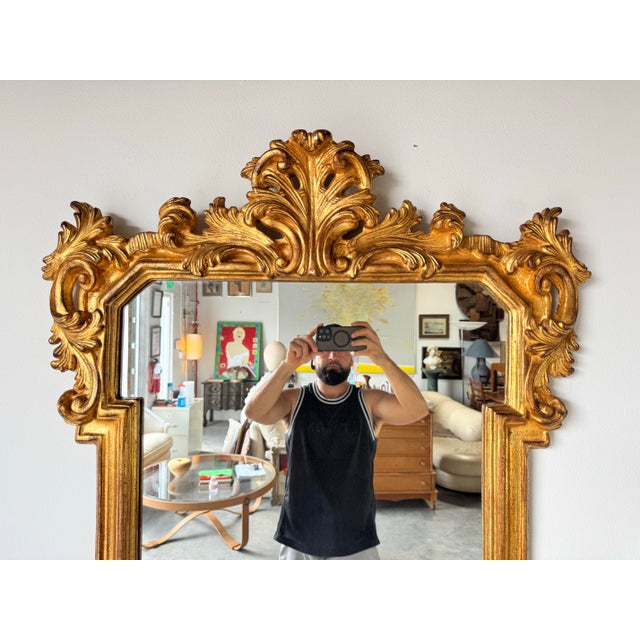 Vintage Hollywood Regency-Style Carved Wood Gold Wall Mirror/ For Sale - Image 4 of 12