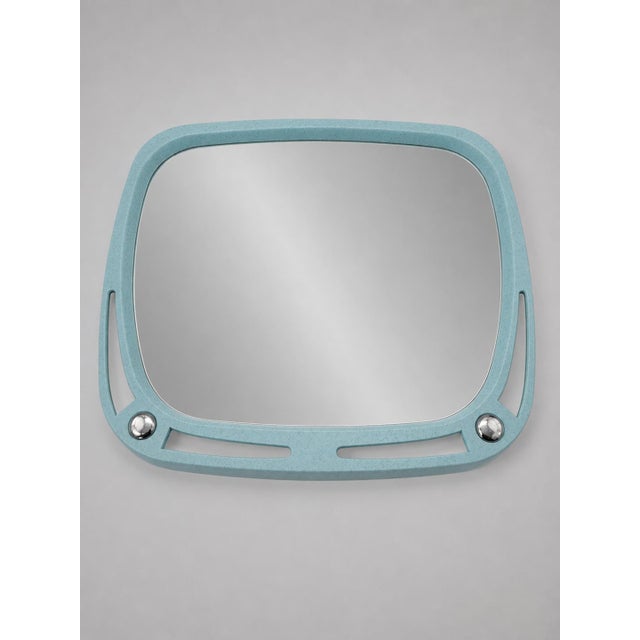 An original Postmodern/Memphis-style wall mirror, made in Europe in the late 1980s or early 1990s. The distinctive blue...