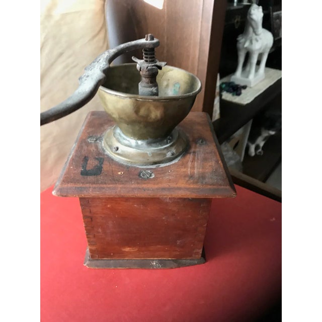 VIntage Early 1900's European Antique Wood and Brass Coffee Grinder For Sale - Image 4 of 4