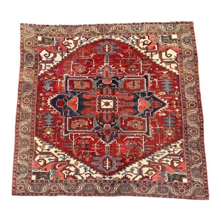 Antique Red & Blue Heriz Rug Rare Square Size For Sale