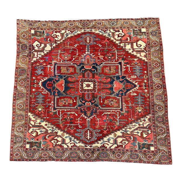 Antique Red & Blue Heriz Rug Rare Square Size For Sale