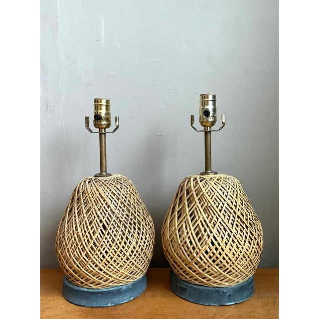 Vintage Rattan and Verdigris Metal Table Lamps - Pair For Sale - Image 4 of 12
