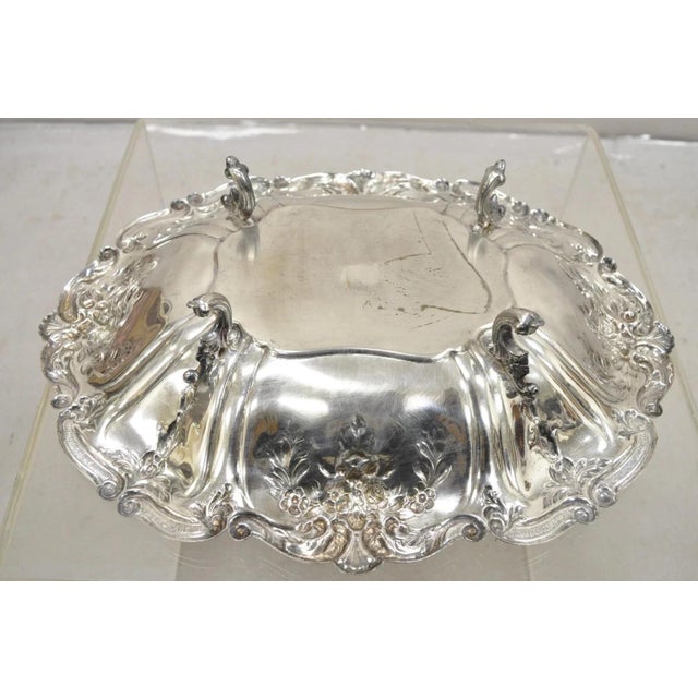 Metal Vintage English Victorian Flower Rose Repousse Silver Plated Footed Oval Dish For Sale - Image 7 of 10