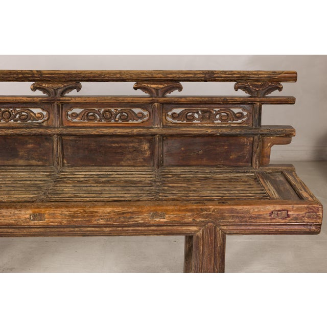 Antique Chinese Rustic Wood Bench with Carved Openwork Back For Sale - Image 9 of 14