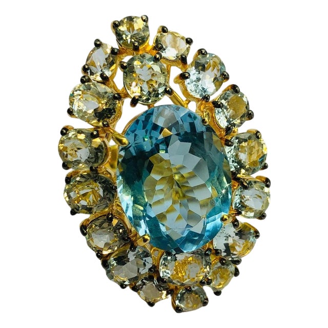 Bochic "Orient" Natural AquaMarine & Blue Topaz Ring Set In 18K Gold Plating For Sale