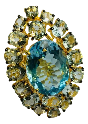 Bochic "Orient" Natural AquaMarine & Blue Topaz Ring Set In 18K Gold Plating