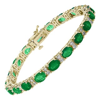 15 Carat Natural Emerald & Diamond Cocktail Tennis Bracelet 14 Karat Yellow Gold For Sale