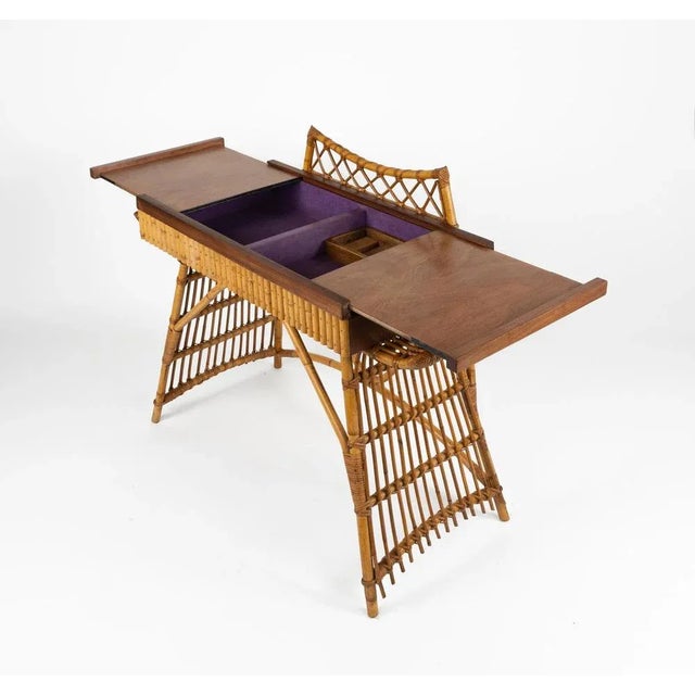 Mid-Century Desk or Console Table in Rattan, Bamboo and Wood by Audoux Minet, Italy 1960s For Sale - Image 12 of 18