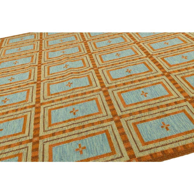 Textile Swedish-Style Geometric Flatweave Wool Rug in Rust and Sky Blue For Sale - Image 7 of 10