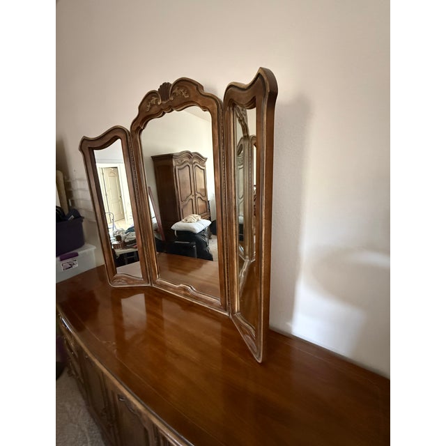 Brown 1970s Drexel Heritage French Provincial Louis XV Carved Walnut Triple Dresser With Matching Mirror For Sale - Image 8 of 13